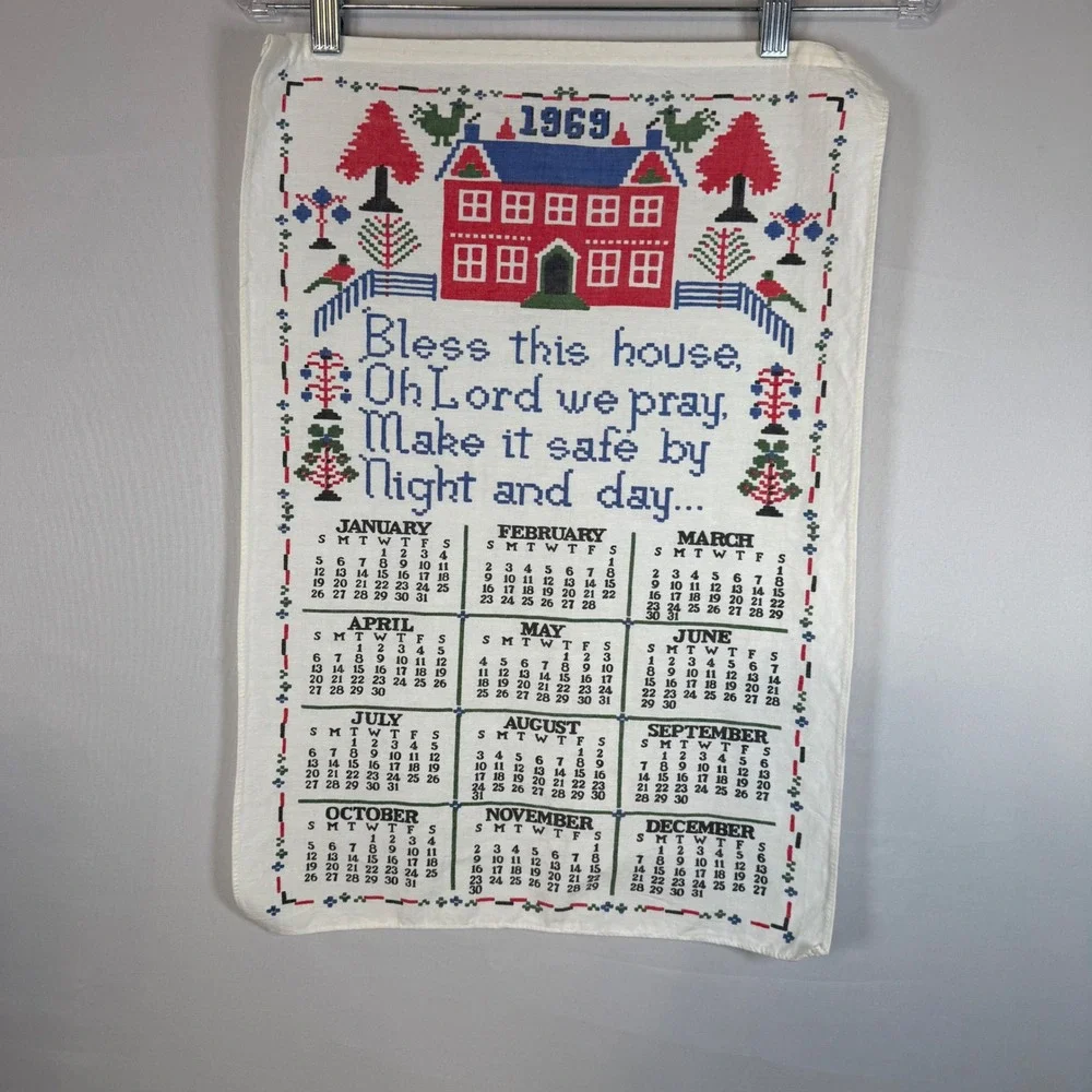 1969 Calendar Tea Towel‎ Bless This House Folk Art Red House